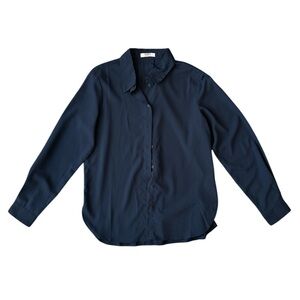 Suzy Shier Navy Blue Button Down Shirt Notched Collar Cuffed Sleeves Size Medium